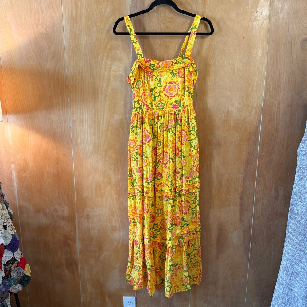 Land of the Free Yellow Floral Tiered Maxi Dress Smocked Back Pockets Medium